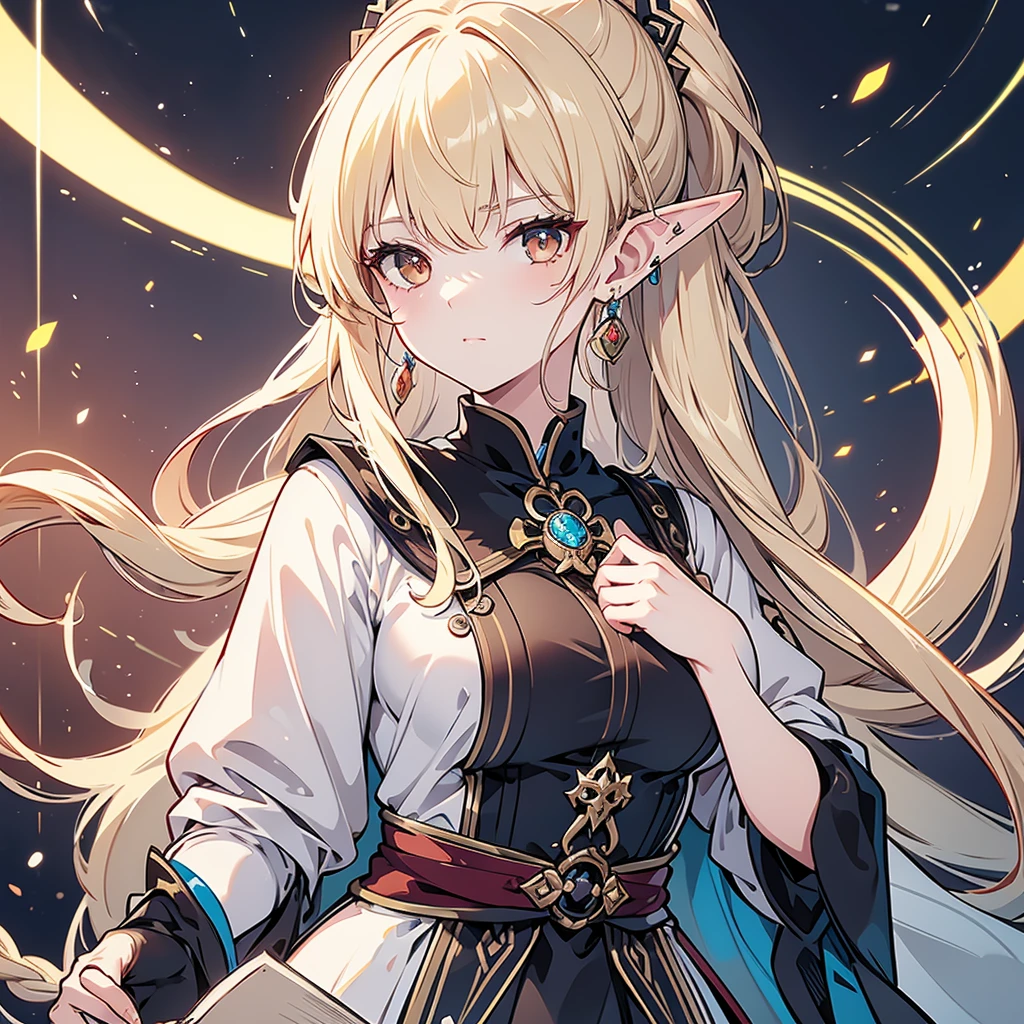 Eye patch、、Witch costume、elf、grimoire、magic circle、A look that seems to be relaxed、Long Hair, chest, Blonde, ponytail, Pointy Ears, Highest quality, Snap your fingers、One Woman, Detailed face, Soft Lighting, Soft Light, Soft Focus, Perfect Face, Beautiful and accurate anatomy, Expose too much, 8k, 4K, (High resolution:1.1), Best Quality, (masterpiece:1.3), One girl, alone, jewelry, brown eyesSee viewers, Earrings on only one ear、ponytail、Beautiful woman