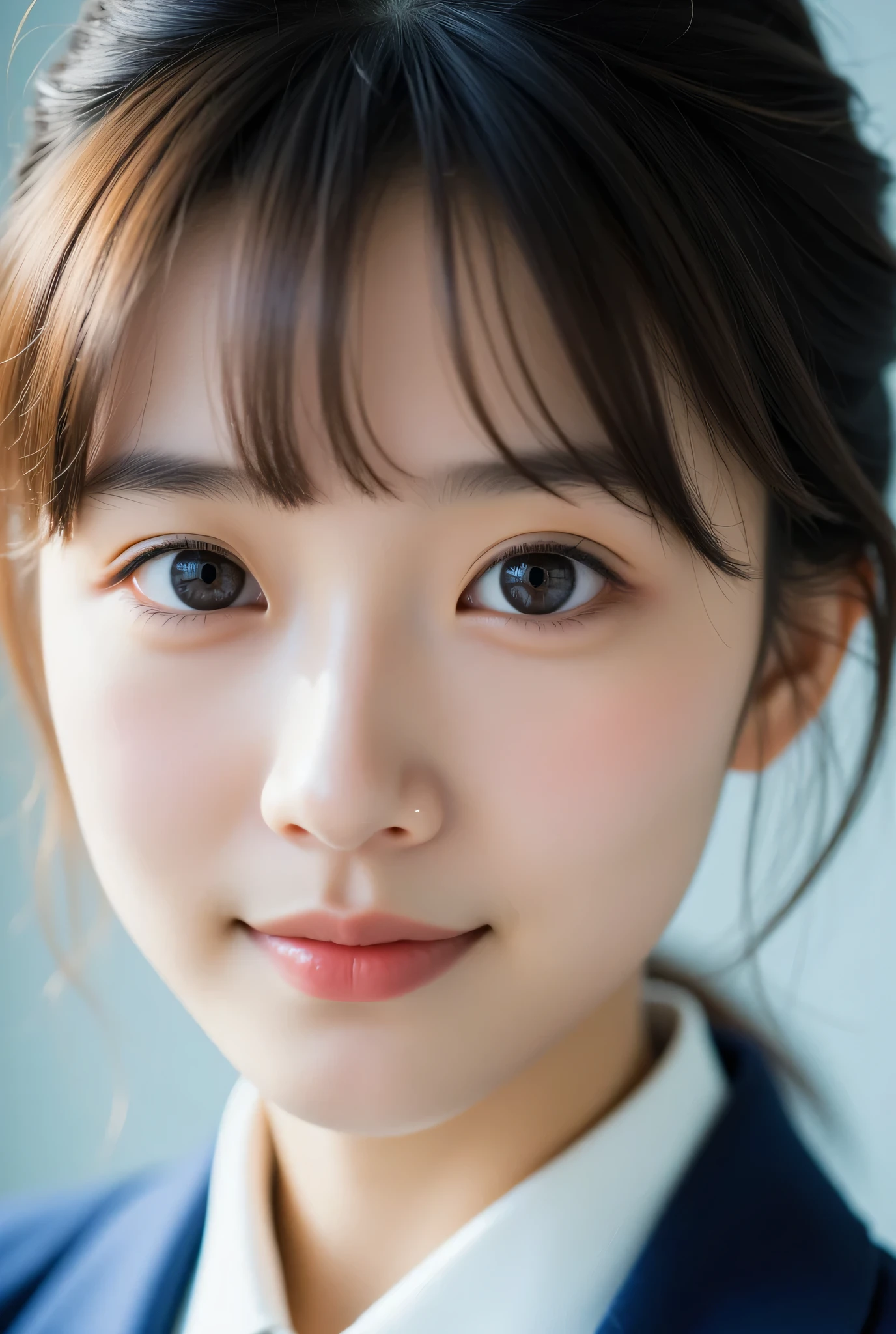 super cute face,(sparkling clear attractive large eyes:1.1), (japanese idol face:1.3),13 yo,very beautiful cute girl, very smooth and super silky hair, white fair skin,(baby face:1.2),cheerful smile,(sailor high-school uniforms:1.1),professional portrait ,eyes makeup 