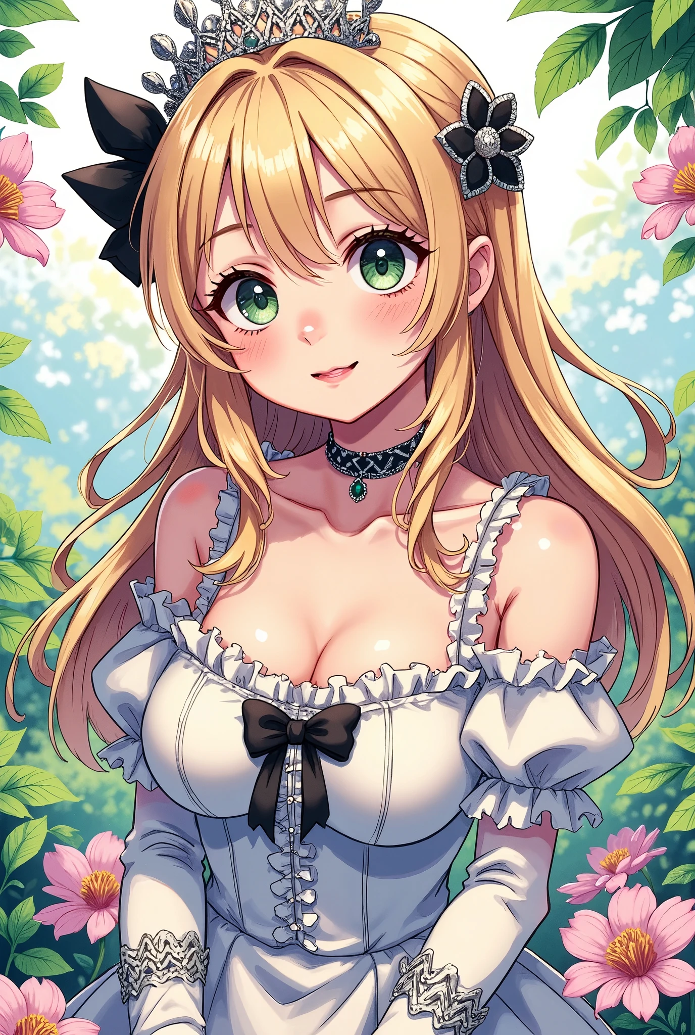 shoujo-style, floral background, romance manhwa, 1girl, blonde hair, solo, long hair, flower, dress, tiara, white dress, gloves, long sleeves, choker, green eyes, mascara, makeup, white gloves, black bow, black flower, wavy hair, bow, jewelry, looking at viewer, white background, collarbone, puffy sleeves, silver accessories, upper body, parted bangs, very long hair, blue dress, frills, bangs, closed mouth, detailed eyes, close up, gleaming skin, shiny glossy skin, kidz