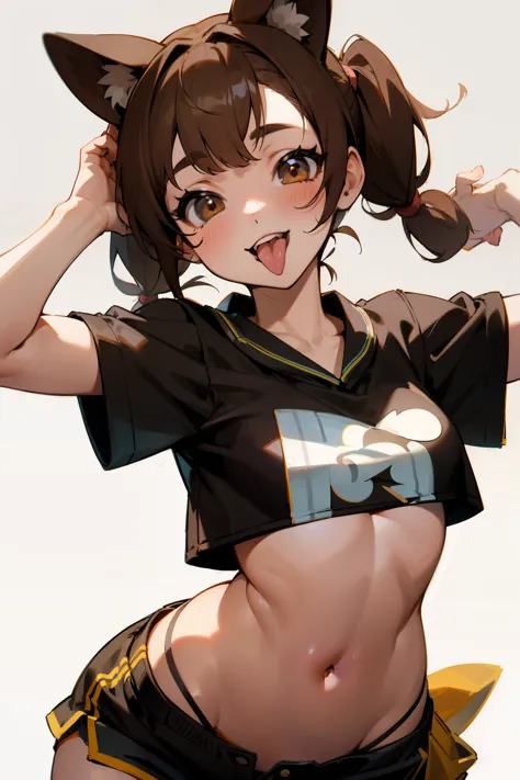 Puppy girl, brown hair, pigtails, Exposed belly, short pants, sexy body, smile, tongue out of mouth