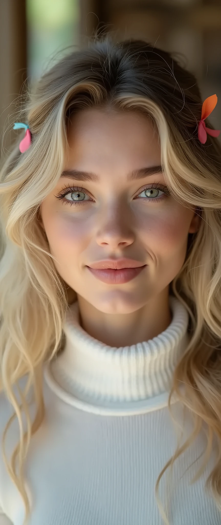 A stunning picture of a beautiful sexy cute woman with a perfect fit body, big black eyes, and long messy blond hair, wearing a white turtleneck sweater. She has an innocent face with natural wavy hair, detailed skin, and a smiling expression. The image is highly detailed with intricate textures and sharp focus, capturing a photorealistic and professional look. The woman has perfect eyes, iris, lips, and teeth, and the photo is of the highest quality in 8K UHD resolution. She is also wearing hair ribbons, with a bright design and pastel colors in an autumn light setting