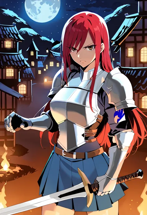 erza, holding sword, serious, brown eyes, pauldrons,blue skirt, tattoo, gloves, breastplate, 1girl, gauntlets, belt,pleated skir...