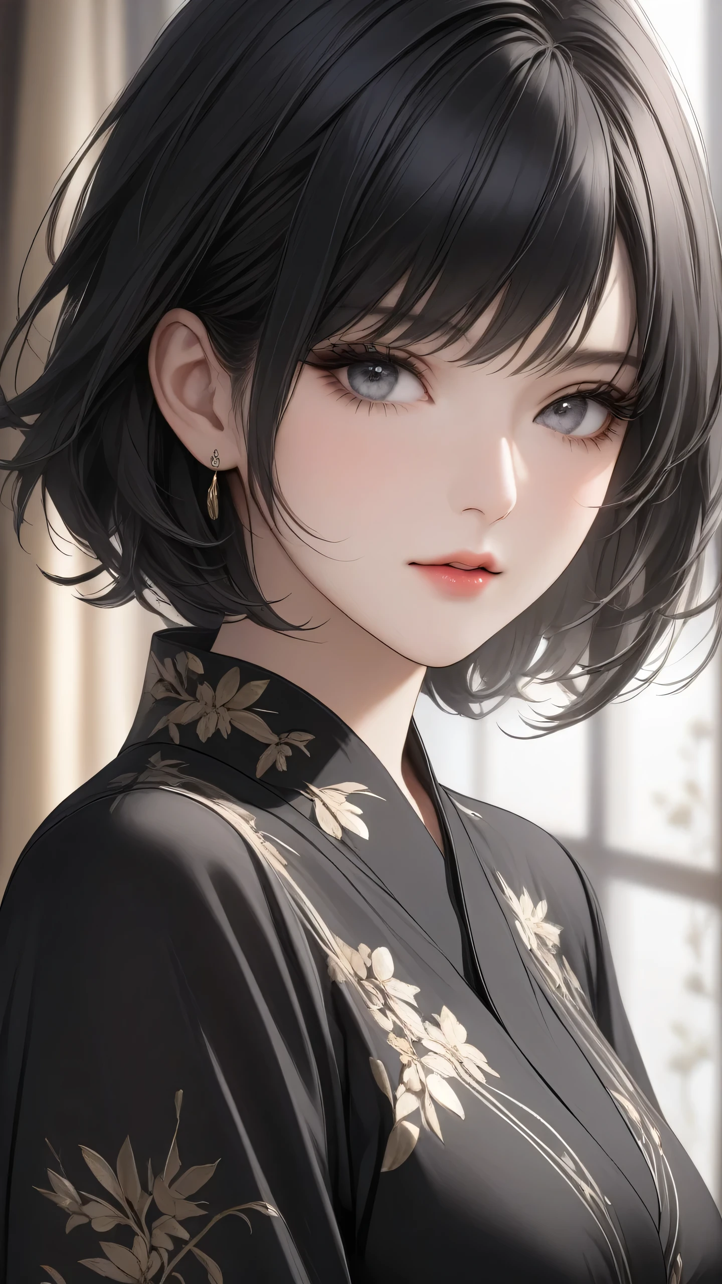 (Top resolution、Distinct_image)top-quality、FEMALES、​masterpiece、ighly detailed、Semi-realistic、Black short hair、Dark hair、grey  eyes、bangss、25-years old、Mature、young、Exquisite facial features、Facial features,closing eye