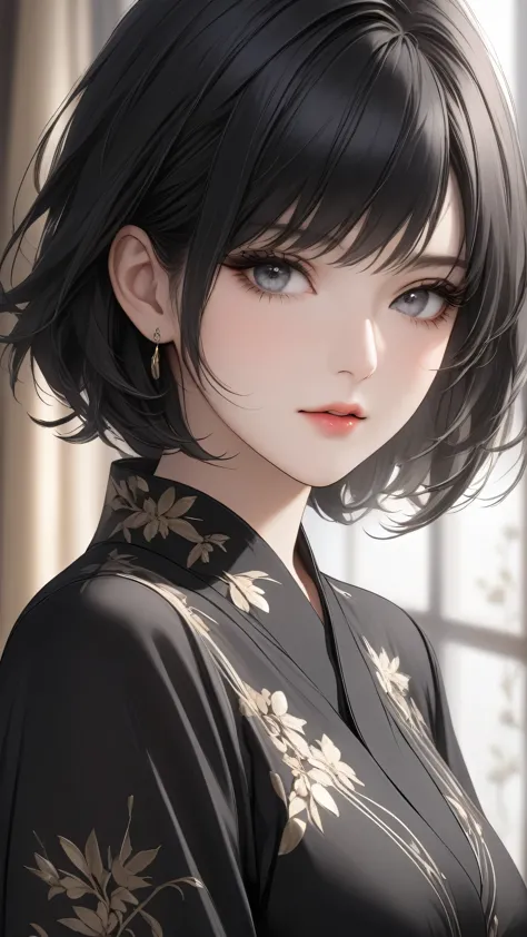 (top resolution、distinct_image)top-quality、females、​masterpiece、ighly detailed、semi-realistic、black short hair、dark hair、grey  e...