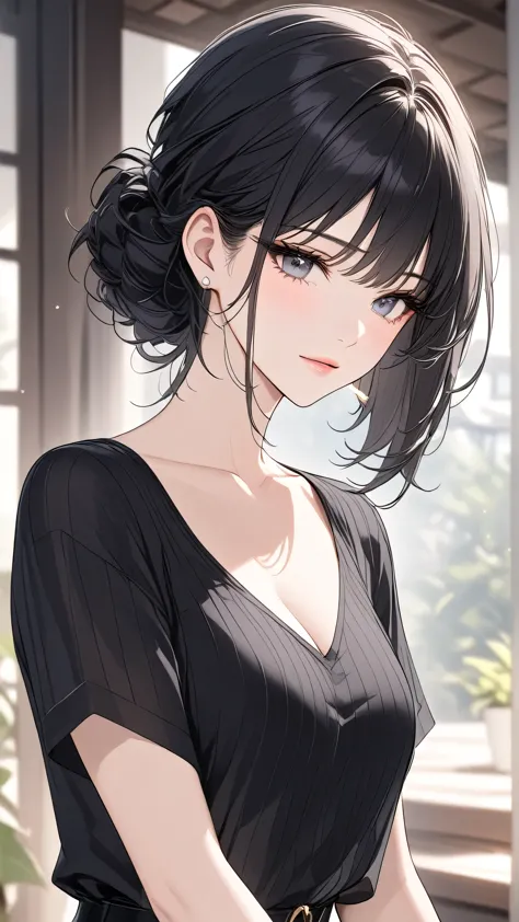 (top resolution、distinct_image)top-quality、females、​masterpiece、ighly detailed、semi-realistic、black short hair、dark hair、grey  e...