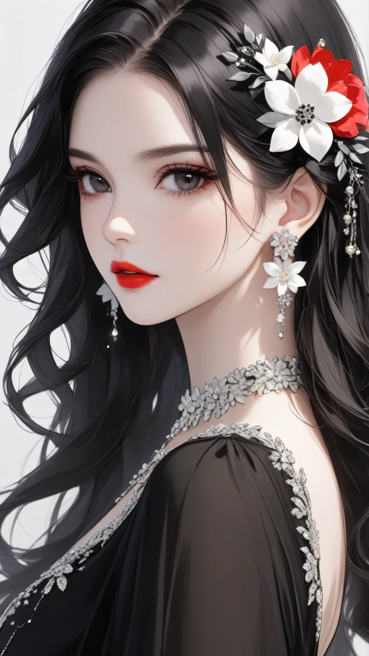 1girl,flower,solo,jewelry,hair ornament,earrings,black hair,hair flower,red lips,looking at viewer,upper body,from side,white flower,black eyes,parted lips,