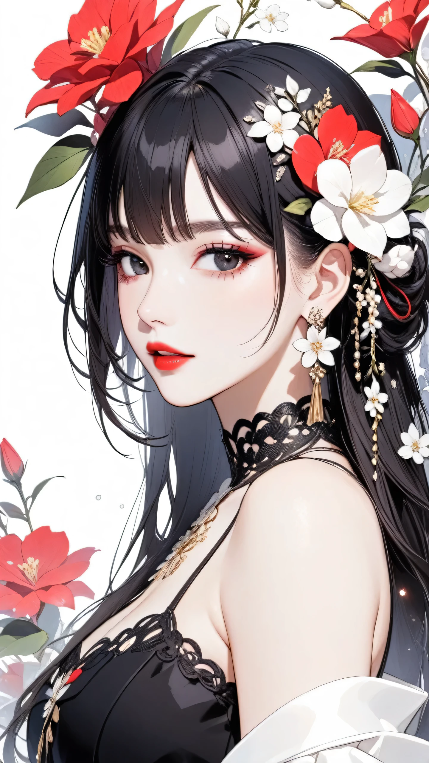 1girl,flower,solo,jewelry,hair ornament,earrings,black hair,hair flower,red lips,looking at viewer,upper body,from side,white flower,black eyes,parted lips,