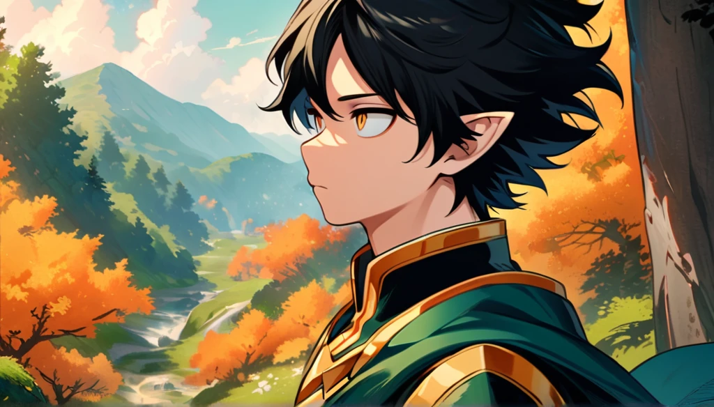 Elf, boy, golden eyes, black hair, short, wavy, fluffy hair, capes, wavy bangs, black and gold elven clothes, in the woods, large, green and orange trees, nature, tranquility, quiet character, alone, only the Detailed face, striking eyes, upward approach, good anatomy, cute, serious, calm, my hero Academia style, Horikoshi style