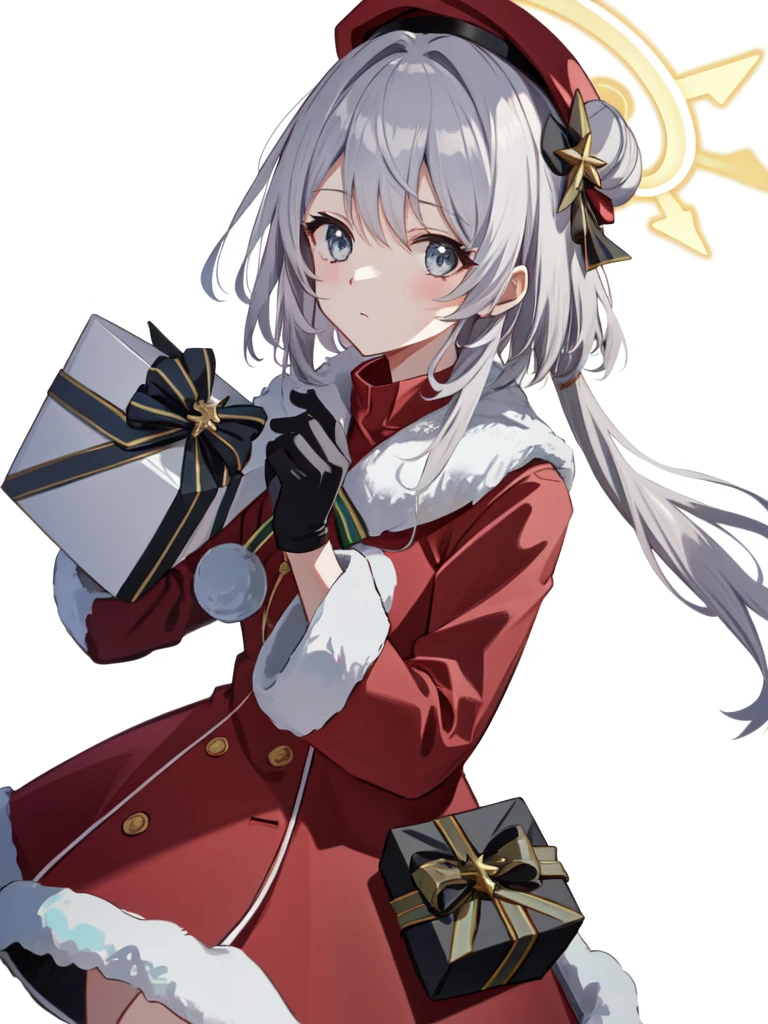 halo, breastplate, beret, Christmas, Silver Hair, box, , 赤いCoat, Coat, bow, White background, Hair Bun, gloves, Gray Eyes, Alone, Have, Red headdress, Long sleeve, View your viewers, One girl, gift, Simple Background, holding, Opening the mouth anatomically correct, beret帽, Long Hair, Vertical Roll, 