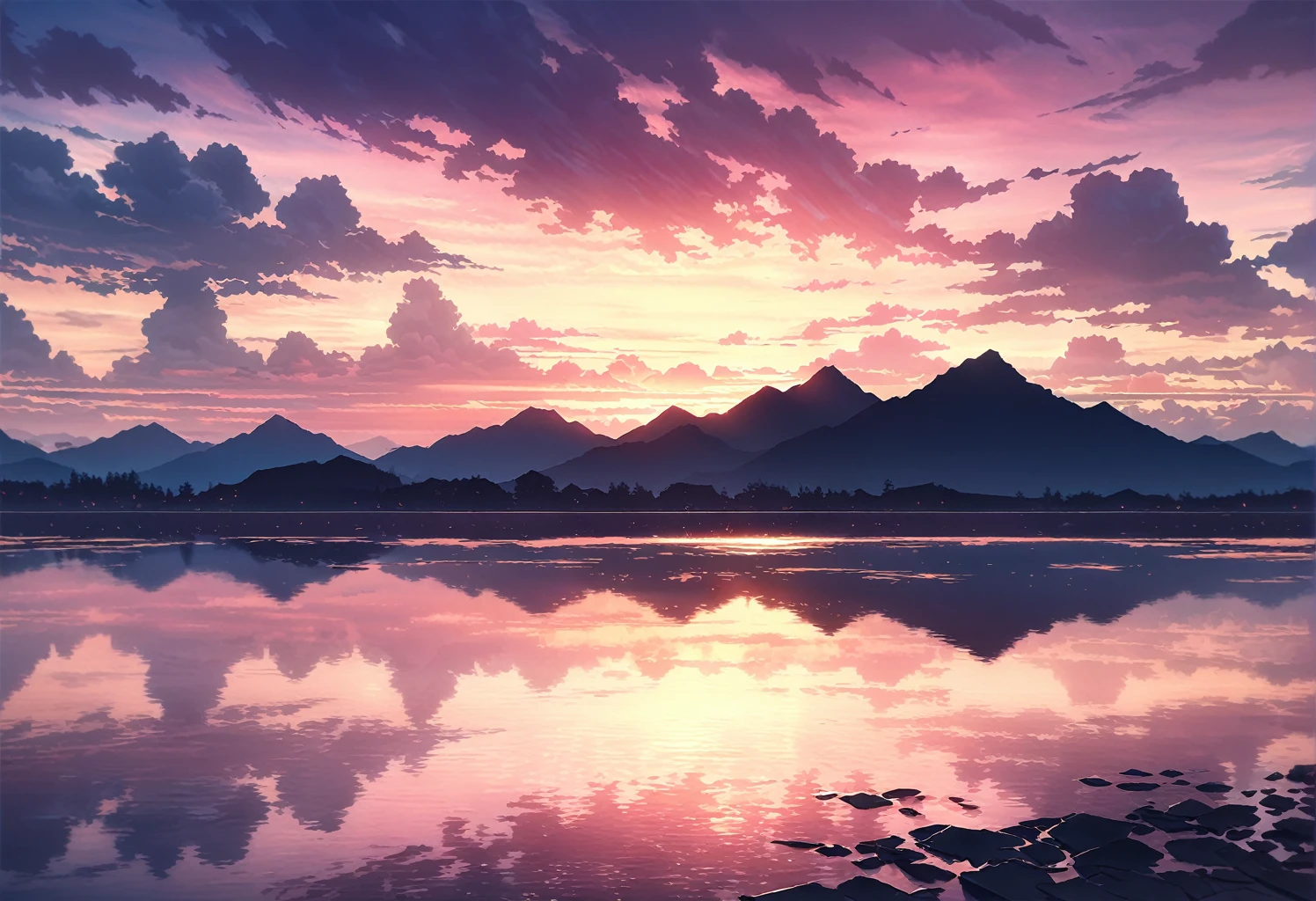 A breathtaking sunset landscape, soft glowing sunlight illuminating the clouds with golden and pink hues, dramatic clouds scattering across the sky, calm reflective water below mirroring the vibrant colors of the sunset, towering distant mountains silhouetted in the background, peaceful and serene atmosphere, cinematic lighting, high contrast, soft shadows, photorealistic details, stunning warm light, atmospheric perspective, 8K resolution, ultra-high detail, beautifully painted sky with pastel colors, cinematic