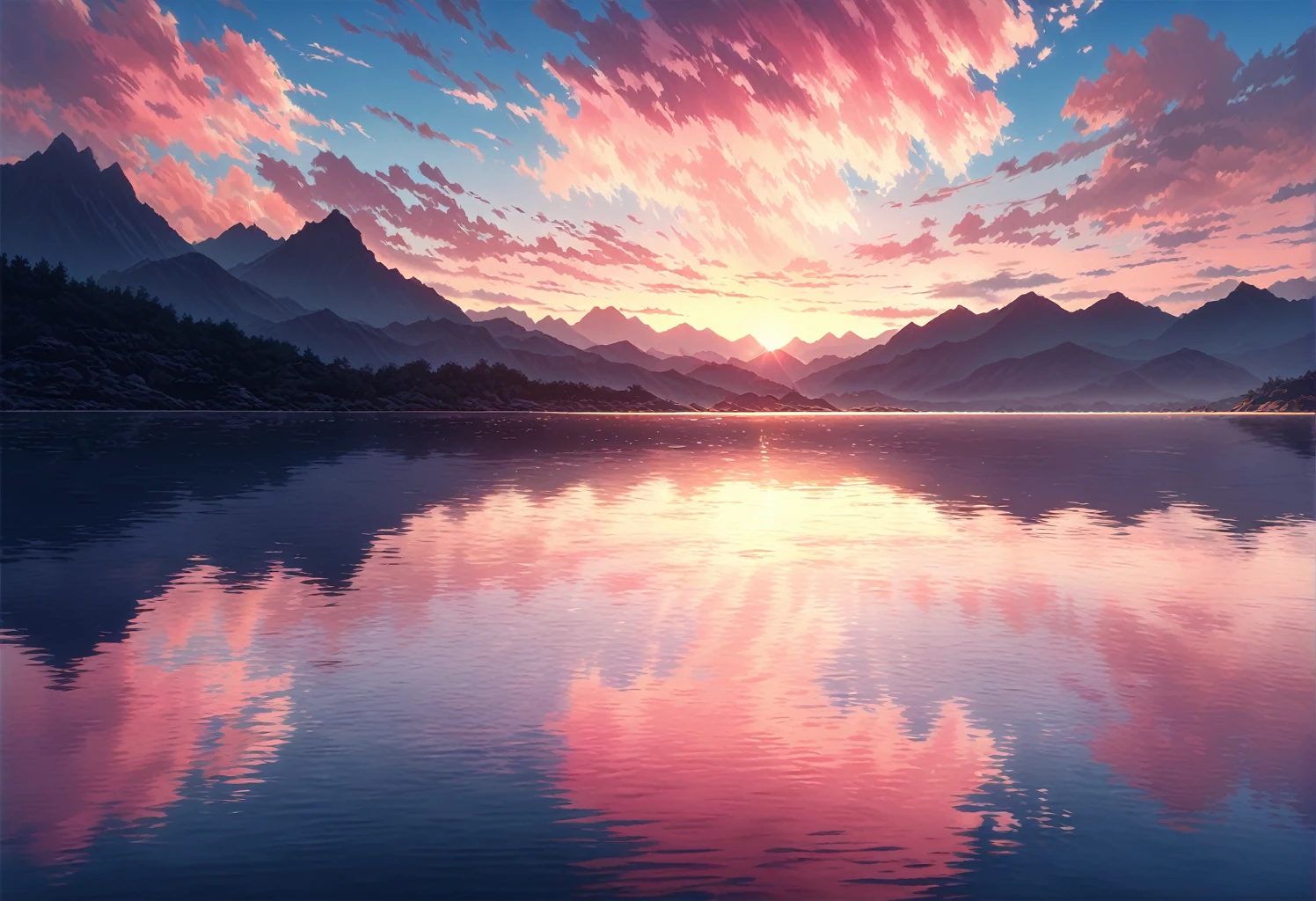 A breathtaking sunset landscape, soft glowing sunlight illuminating the clouds with golden and pink hues, dramatic clouds scattering across the sky, calm reflective water below mirroring the vibrant colors of the sunset, towering distant mountains silhouetted in the background, peaceful and serene atmosphere, cinematic lighting, high contrast, soft shadows, photorealistic details, stunning warm light, atmospheric perspective, 8K resolution, ultra-high detail, beautifully painted sky with pastel colors, cinematic