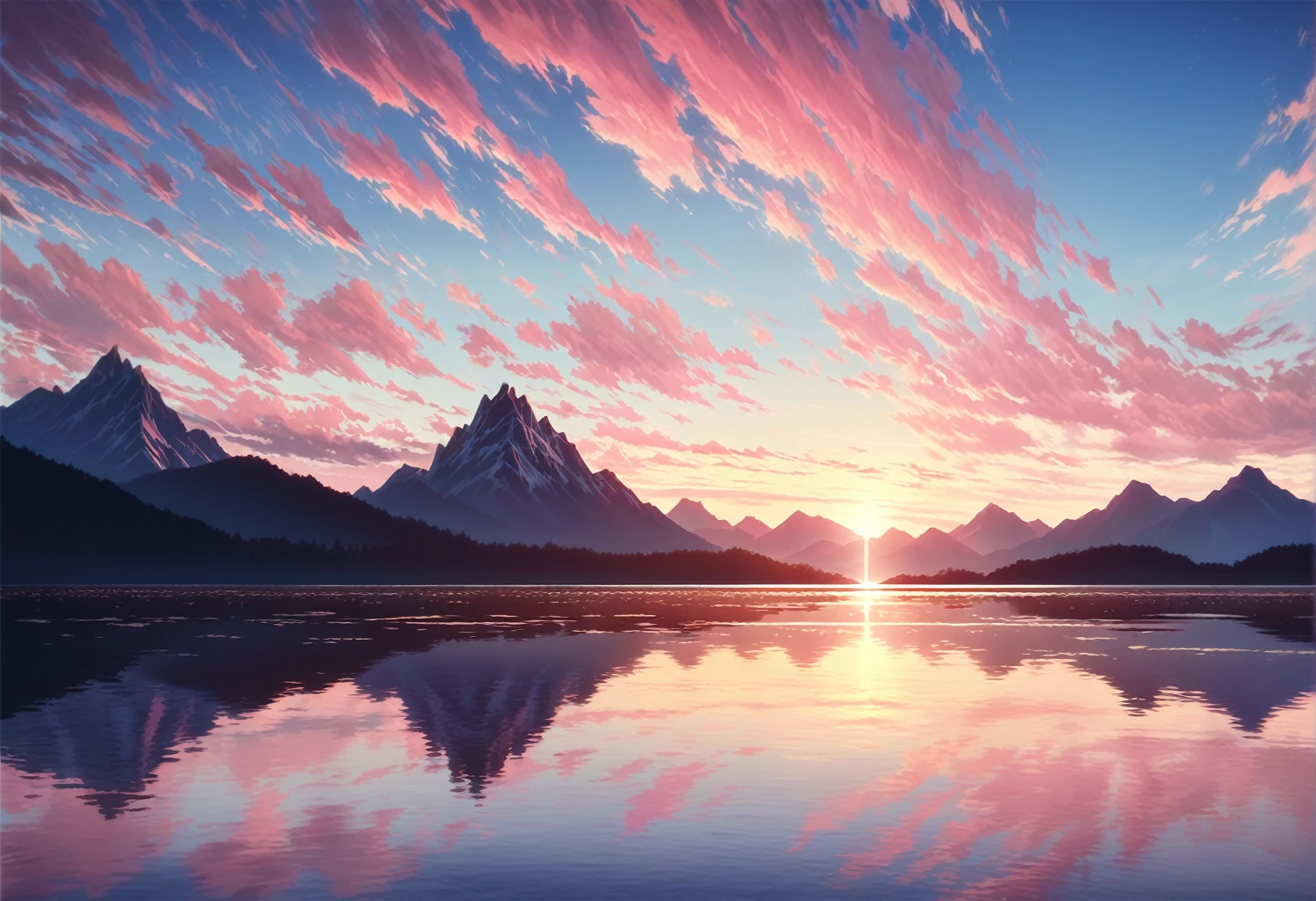 A breathtaking sunset landscape, soft glowing sunlight illuminating the clouds with golden and pink hues, dramatic clouds scattering across the sky, calm reflective water below mirroring the vibrant colors of the sunset, towering distant mountains silhouetted in the background, peaceful and serene atmosphere, cinematic lighting, high contrast, soft shadows, photorealistic details, stunning warm light, atmospheric perspective, 8K resolution, ultra-high detail, beautifully painted sky with pastel colors, cinematic