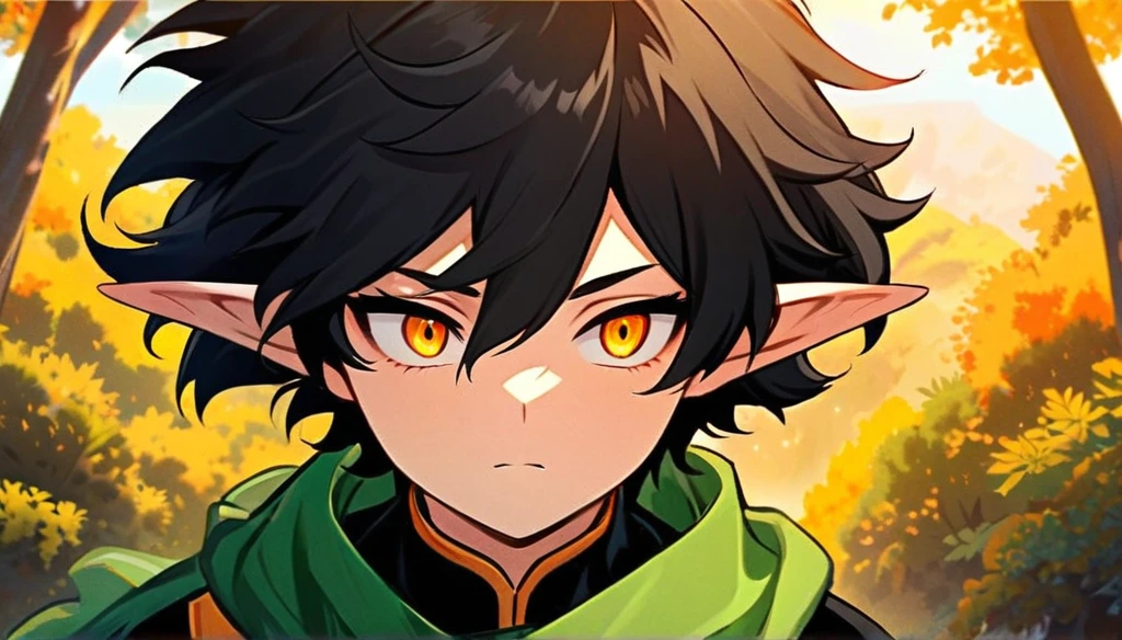 Elf, boy, golden eyes, black hair, short, wavy, fluffy hair, capes, wavy bangs, black and gold elven clothes, in the woods, large, green and orange trees, nature, tranquility, quiet character, alone, only the Detailed face, striking eyes, upward approach, good anatomy, cute, serious, calm, my hero Academia style, Horikoshi styleundefined, undefined, undefined, undefined, undefined, 