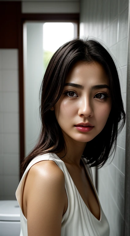 Beautiful Japanese actresses、1 girl,Flying debris,,Award-winning photo, Very detailed,Face Focus, Big double eyes(Woman with open mouth and closed eyes ), Age 30、Black Hair、Shiny skin、(((Face close-up)))、Realistic nostrils、Long and narrow nasal passages,、In the toilet、(On the floor of a public toilet)、Squat、((White turtleneck sleeveless dress))、Big Breasts、(Sharp Nose)Frowning 表現:1.4,,expression,Frowning,Please lift your head、Sweaty skin,Oily skin,Biting your lip,Hair tied up,I&#39;m wearing a tank top,Put your face closer to the camera,((Open your mouth wide to receive something))View your audience, (((Damp philtrum))),((Face close-up)),(((Nose close-up)))(((Frowning, Raise your eyebrows)))((Small Head)),