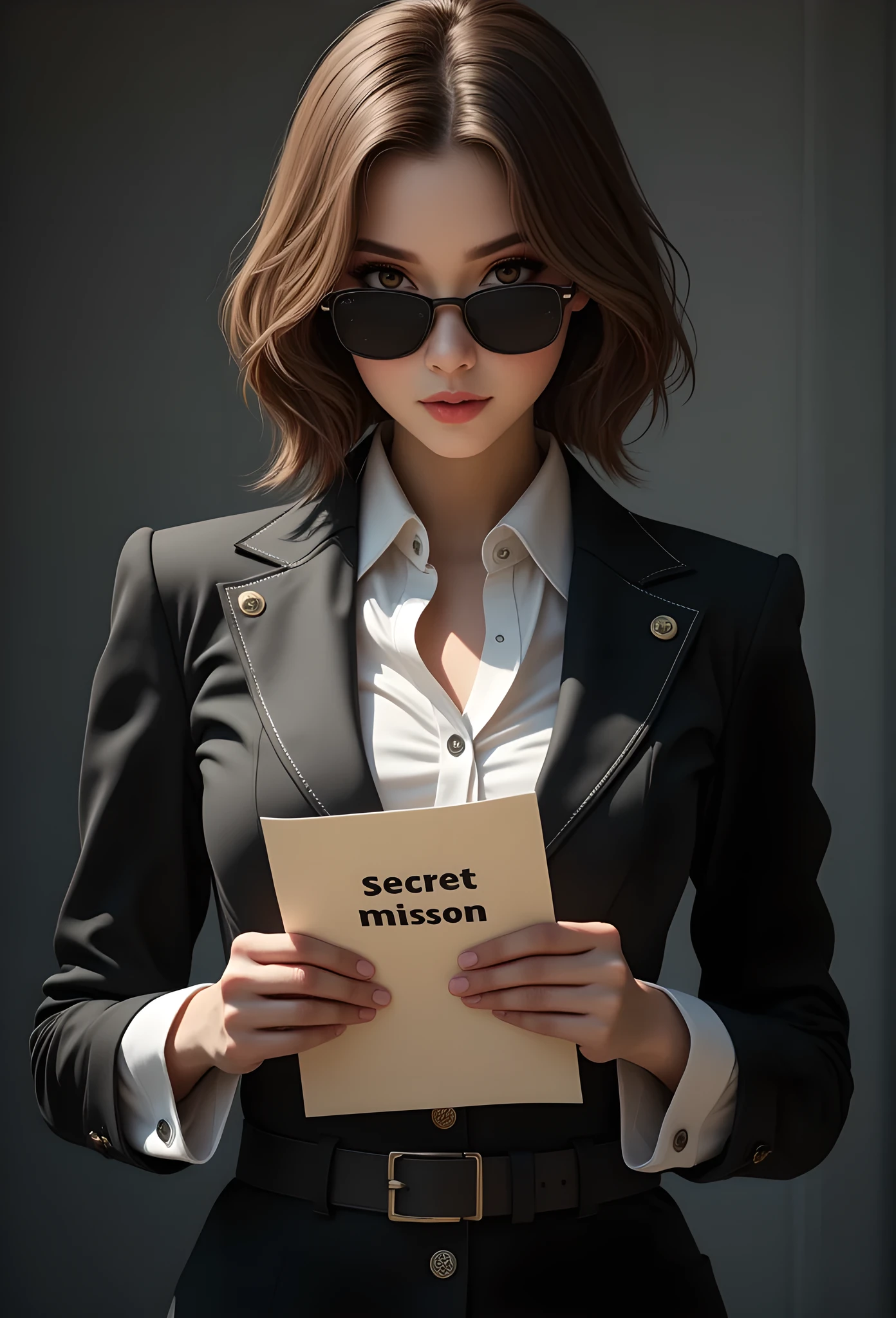 1girl spy agent in a covert operation, intricate clothing, intense gaze, dark background, dramatic lighting, cinematic composition, muted color palette,(masterpiece, best quality:1.3), sunglasses, holding a Paper "Secret Mission," and small unique text