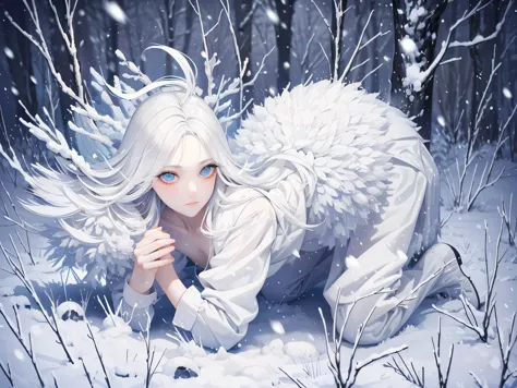 ((best quality)), ((masterpiece)), (detailed), perfect face, high detailed eyes, Snow Woman, Snow scene, snowstorm, ice world, white hair, long hair, floating hair, empty eyes, gaze, Bare chest, white outfit, kneeling