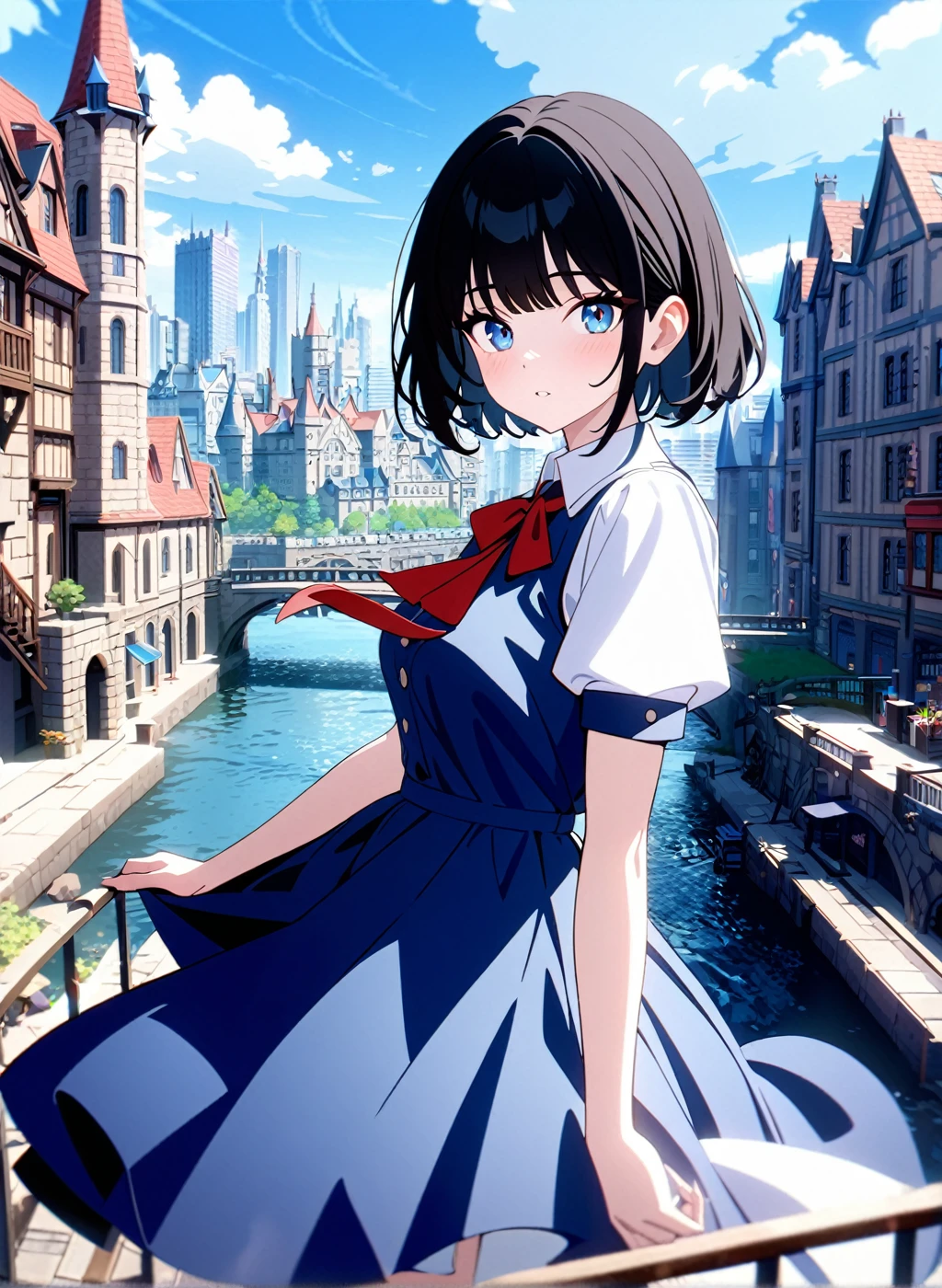 1girl,bangs,black_hair,blue_sky,bridge,building,castle,city,cityscape,cloud,day,dress,looking_at_viewer,outdoors,red_neckwear,red_ribbon,ribbon,river,short_hair,short_sleeves,sky,skyscraper,solo,standing,town,water,(masterpiece,anime,newest,new,exceptional:1.2),cinematic , extremely detail , 8k ,4k ,