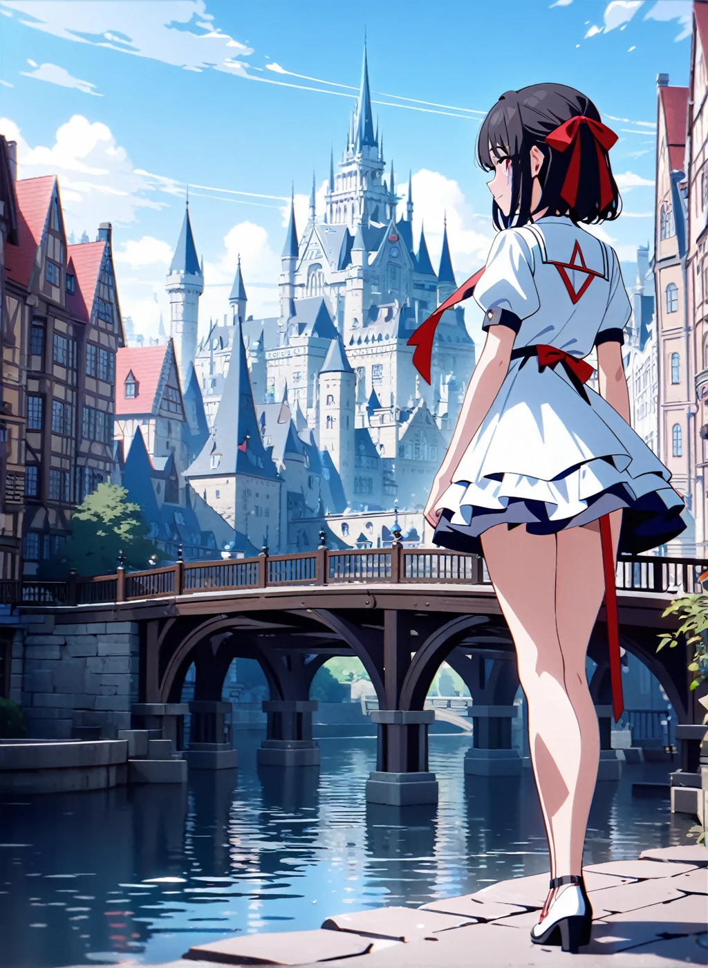 1girl,bangs,black_hair,blue_sky,bridge,building,castle,city,cityscape,cloud,day,dress,looking_at_viewer,outdoors,red_neckwear,red_ribbon,ribbon,river,short_hair,short_sleeves,sky,skyscraper,solo,standing,town,water,(masterpiece,anime,newest,new,exceptional:1.2),cinematic , extremely detail , 8k ,4k ,