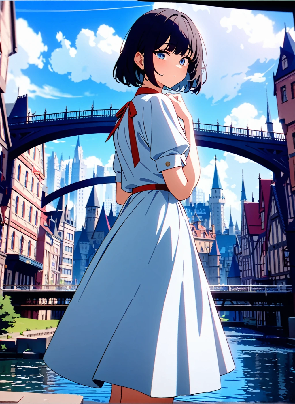 1girl,bangs,black_hair,blue_sky,bridge,building,castle,city,cityscape,cloud,day,dress,looking_at_viewer,outdoors,red_neckwear,red_ribbon,ribbon,river,short_hair,short_sleeves,sky,skyscraper,solo,standing,town,water,(masterpiece,anime,newest,new,exceptional:1.2),cinematic , extremely detail , 8k ,4k ,