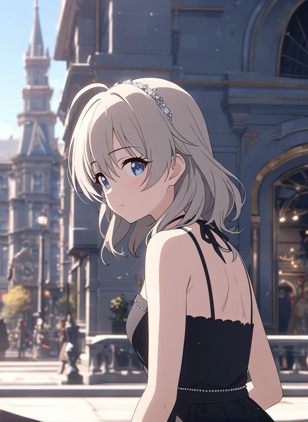 masterpiece, best quality, highres, 1girl, solo, anastasia (idolmaster), idolmaster cinderella girls, blue eyes, short hair, grey hair, black dress, cowboy shot, , closed mouth, upper_body,
 8k , cinematic , high detail , 4k 