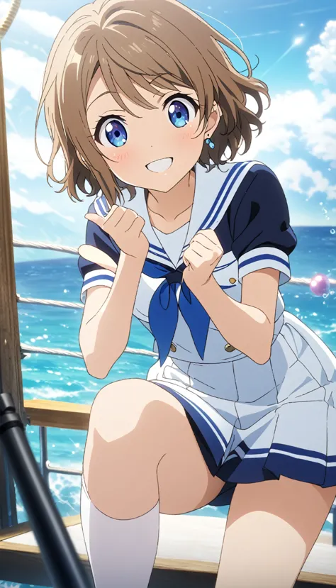 1 Girl, Girl、Diagonal orientation、Brown Hair、Short Hair、Blue Eyes、put one foot on the edge of a sailboat、Pirate with telescope、Pointing forward、Sailor suit at sea、anime、Illustration, Full HD, 8k, Absurd, masterpiece, Best Quality, Super detailed, beautiful, Exquisite, Delighted, Bright smile, Look away, Earrings, Knee socks,  cute, beautiful, In a bright and colorful world, anime, cell anime, 2d anime, strict, Soft Surface, Close-up, Half-body photo, Front View, Golden Ratio, stage lights perfect hand style, ,Watanabe You, blue eyes, Brown Hair, short hair, bangs,