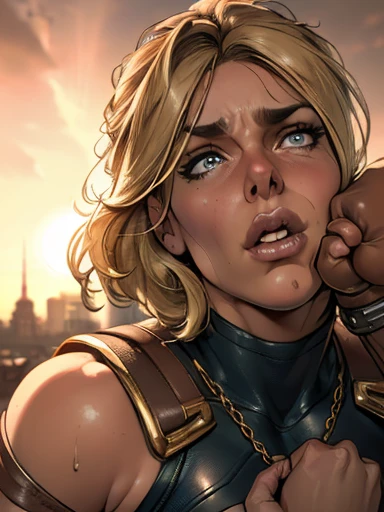 (Best Quality,4K,8k,High resolution,masterpiece:1.2),Super detailed,(Realistic,photoRealistic,photo-Realistic:1.37),beautiful ((Power Girl)),Muscular,beautiful detailed eyes,beautiful detailed lips,Long eyelashes,Dark blonde hair cascading down her shoulders,Black leather trousers,Light beige sweater,whole body,Strong lighting,Soft and warm colors,Blurred Background,Neutral facial expression, Suppressed in a sunlit city in ruins, (Camel Toe), ((Tied up, Suppressed, Kidnapped)), (((Chained))), (((Being beaten by a man))), (((Being punched in the cheek:1.2))), (((Violent striking:1.2))), (((I got punched in the face:1.2)))