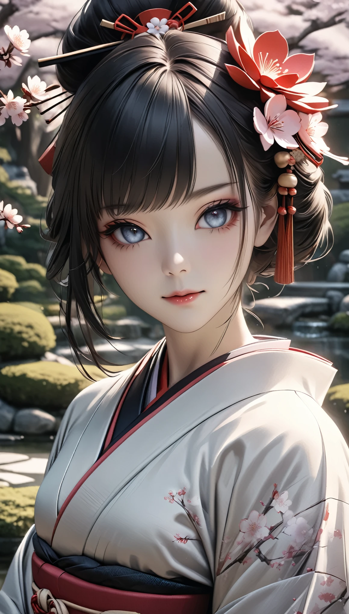 a beautiful geisha in a traditional japanese kimono, elegant pose, mesmerizing eyes, delicate facial features, exquisite hair ornaments, cherry blossom flowers, traditional japanese garden, soft lighting, muted color palette, (best quality,4k,8k,highres,masterpiece:1.2),ultra-detailed,(realistic,photorealistic,photo-realistic:1.37)