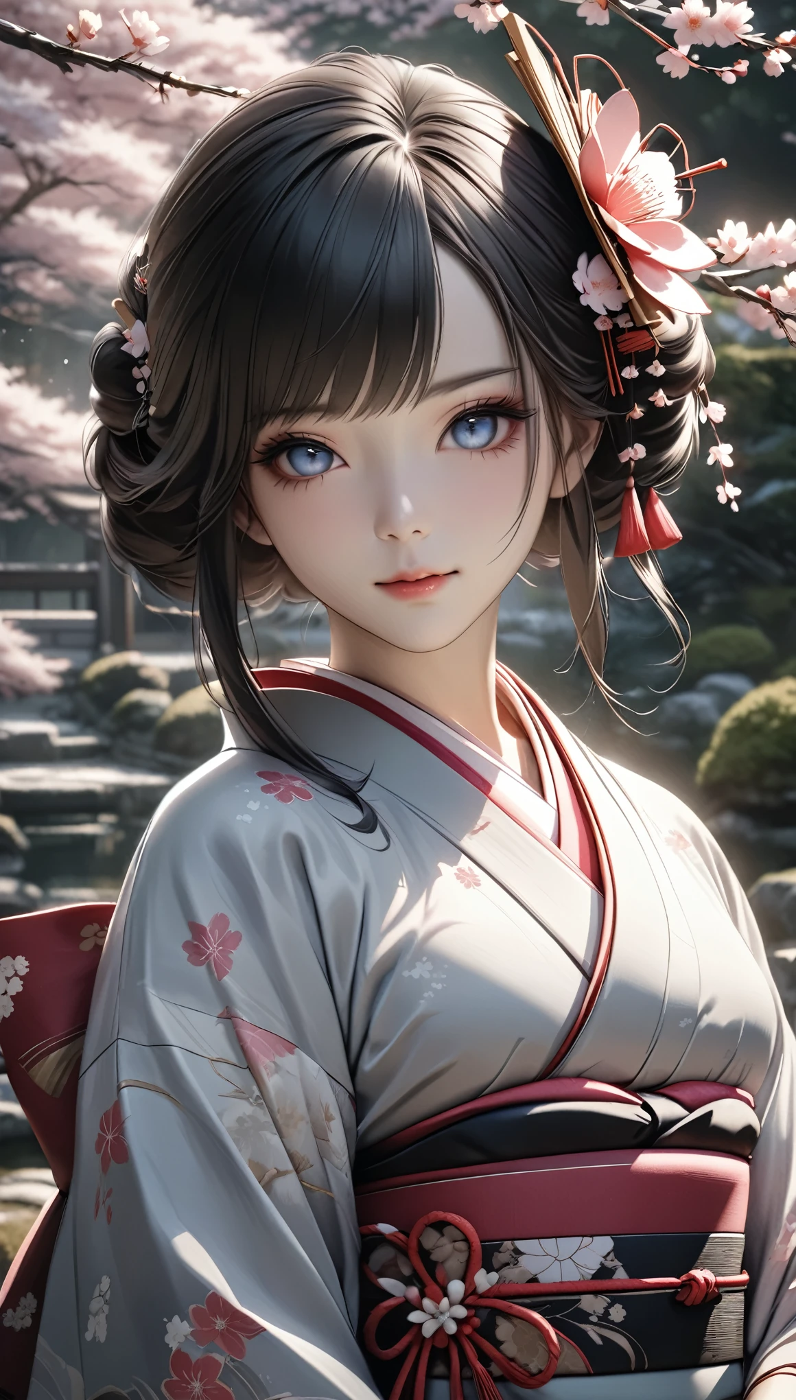 a beautiful geisha in a traditional japanese kimono, elegant pose, mesmerizing eyes, delicate facial features, exquisite hair ornaments, cherry blossom flowers, traditional japanese garden, soft lighting, muted color palette, (best quality,4k,8k,highres,masterpiece:1.2),ultra-detailed,(realistic,photorealistic,photo-realistic:1.37)