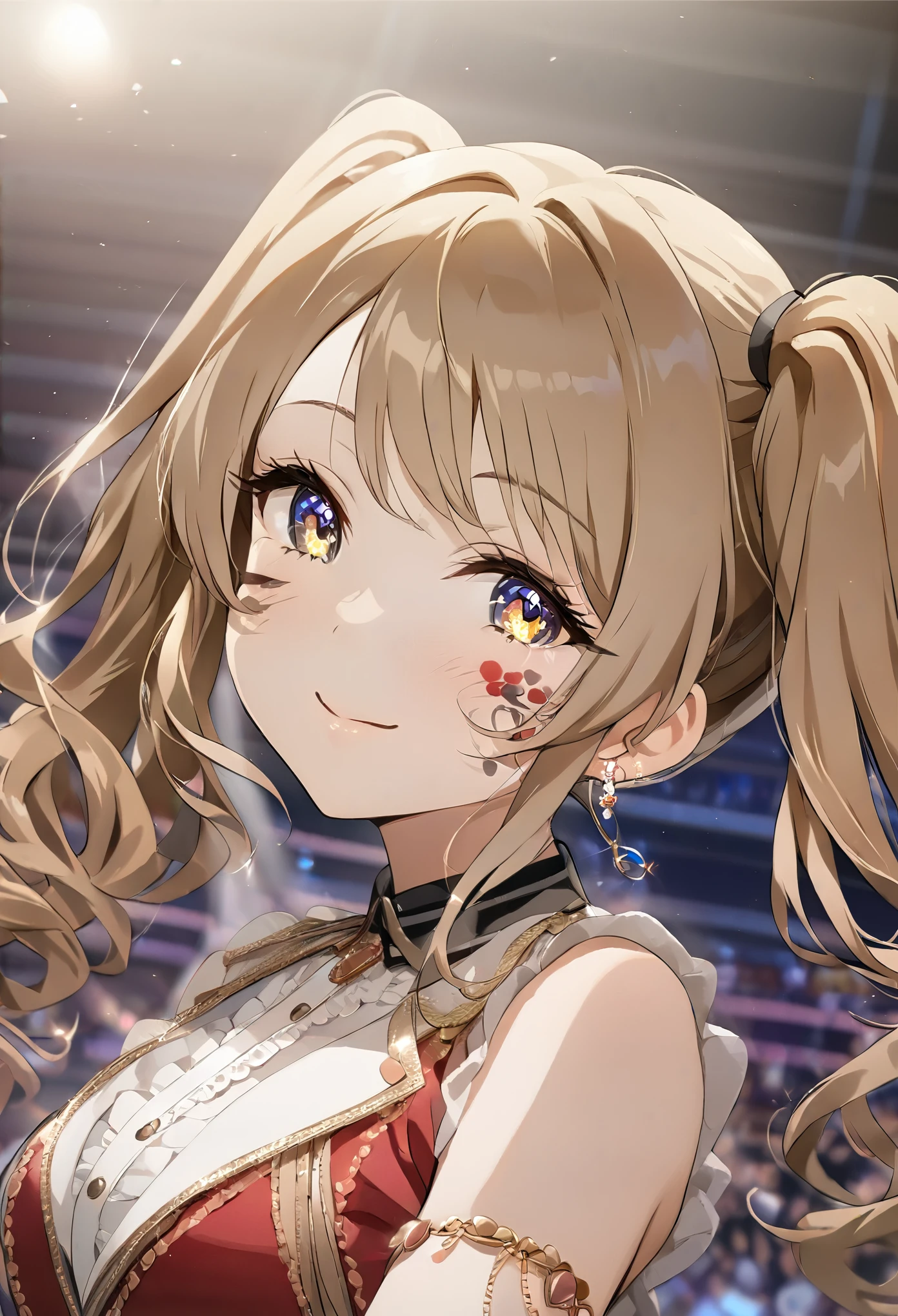 ((best quality)), ((masterpiece)), (detailed), perfect face, high detailed eyes, long eyelashes, light smile, ccurate, light brown hair, long twintails, jewelry, facepaint, atmospheric perspective, 8k, Idol singer, concert venue, spotlight, light beam