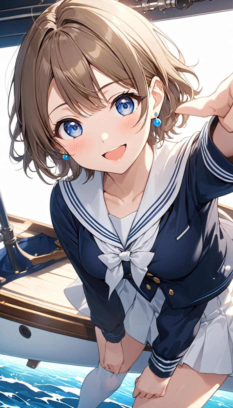 1 Girl, Girl、Diagonal orientation、Brown Hair、Short Hair、Blue Eyes、Put one foot on the gunwale of a sailboat、holding a small pirate telescope、Pointing forward、Sailor suit at sea、anime、Illustration, Full HD, 8k, Absurd, masterpiece, Best Quality, Super detailed, beautiful, Exquisite, Delighted, Bright smile, Look away, Earrings, Knee socks,  cute, beautiful, In a bright and colorful world, anime, cell anime, 2d anime, strict, Soft Surface, Close-up, Half-body photo, Front View, Golden Ratio, stage lights perfect hand style, ,Watanabe You, blue eyes, Brown Hair, short hair, bangs,