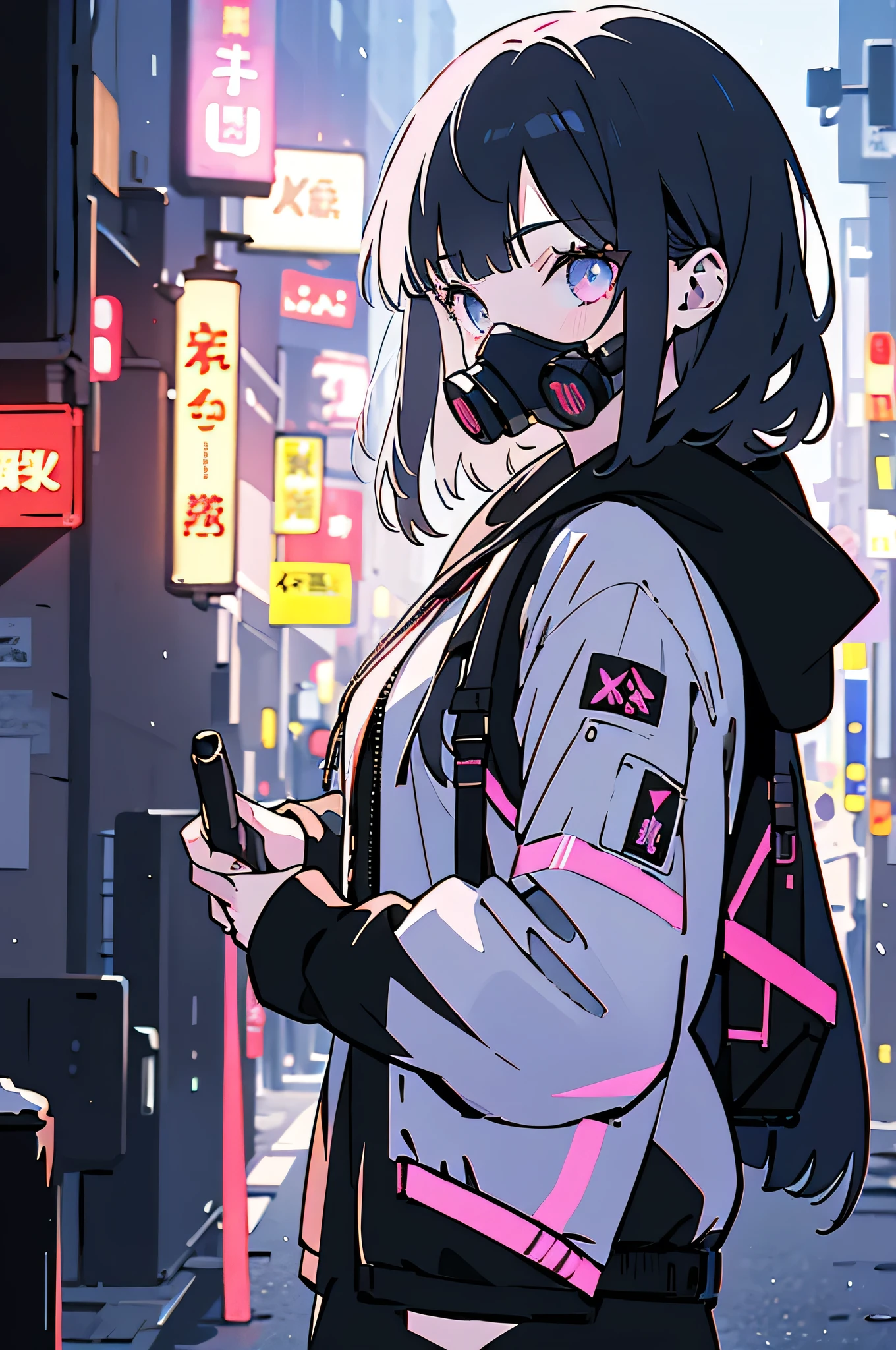 1girl, detailed portrait, cyberpunk, modern japan, tokyo, hoodie, holding sword, gas mask, black hair, cool, anime style, (best quality, 4k, 8k, highres, masterpiece:1.2), ultra-detailed, (realistic, photorealistic, photo-realistic:1.37), HDR, UHD, studio lighting, ultra-fine painting, sharp focus, physically-based rendering, extreme detail description, professional, vivid colors, bokeh