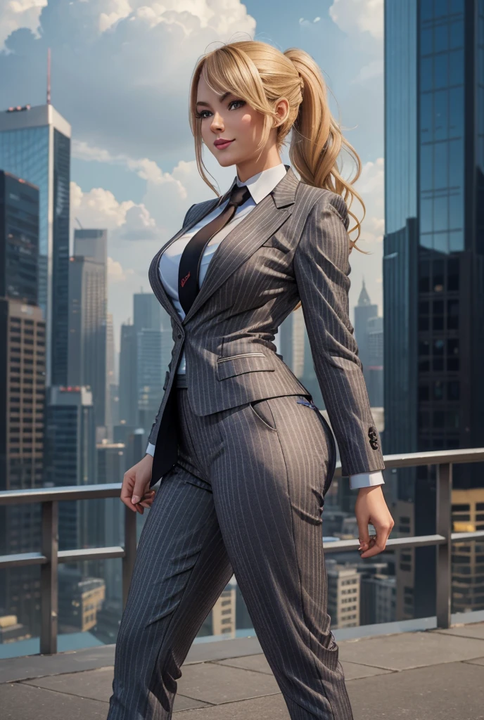 Giantess art, giga giantess in distance walking on through city, multiple women with beautiful curves, massive thighs, blonde hair in a fishtail braid, lipstick, wearing a perfect form-fitting loght grey pinstripe trouser suit and blazer, crisp white shirt, and a large blade width Windsor knot red paisley tie, with massive breasts. She is wearing platform high heels and standing on a miniature city, with skyscrapers at her feet, smiling with her huge breasts. This image is highly detailed, photorealistic, best quality, a masterpiece, with cinematic lighting, ultra-detailed, featuring black patent Louboutin pumps, long ponytail hair with front bangs, high altitude photography, satellite view, a curvy figure, heaving bosom, legs, a mega city, urban sprawl, small towns, destruction, buildings, roads, a cloudy, overcast, hazy atmosphere, and wispy clouds.