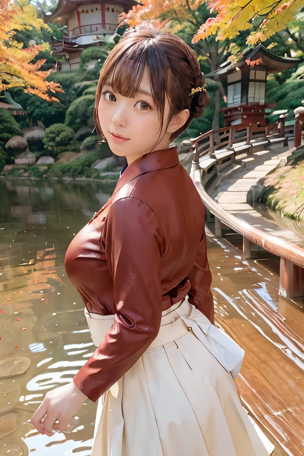 (mysterious buttocks), 8k, raw photo, best quality, hires, realistic, photorealistic, extremely detailed 8k wallpaper, 
 break 
cinematic lighting, rim lighting, 
 break 
(crimson arched bridge background + five-storied pagoda:1.3), reflections, 
autumn setting, autumn trees and leaves, 
 break 
perfectly anatomically correct:1.1, 5 beautiful thin finger:1.1, 
 break 
1 girl, kawaii:1.2, very short hair bun:1.2, 
(symmetrical clear eyes with beautifully detail, brown color eyes with captivating reflections), 
wide-set eyes, [tareme, moderate eye bags], round face, round chin, [seventeen], 
melancholy smiling, [teary eyes], 
beautiful ideal spherical shape buttocks:1.0, medium buttocks upturned:1.0, soft lifted buttocks:1.0, 
holding fallen leaves in hand, 
open mouth:1.0, 
wearing formaly school uniform, 
looking back viewer, 
 break 
[sfw:1.0], 
 break 
low angle shot, from behind, bokeh:1.2