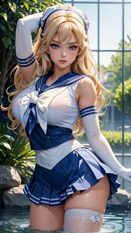 close up, 1 , sailor, tsukino usagi, (sailor chiseki uniform:1.2),wet, transparent top, (blue eyes:0.9), blonde hair, medium hai...