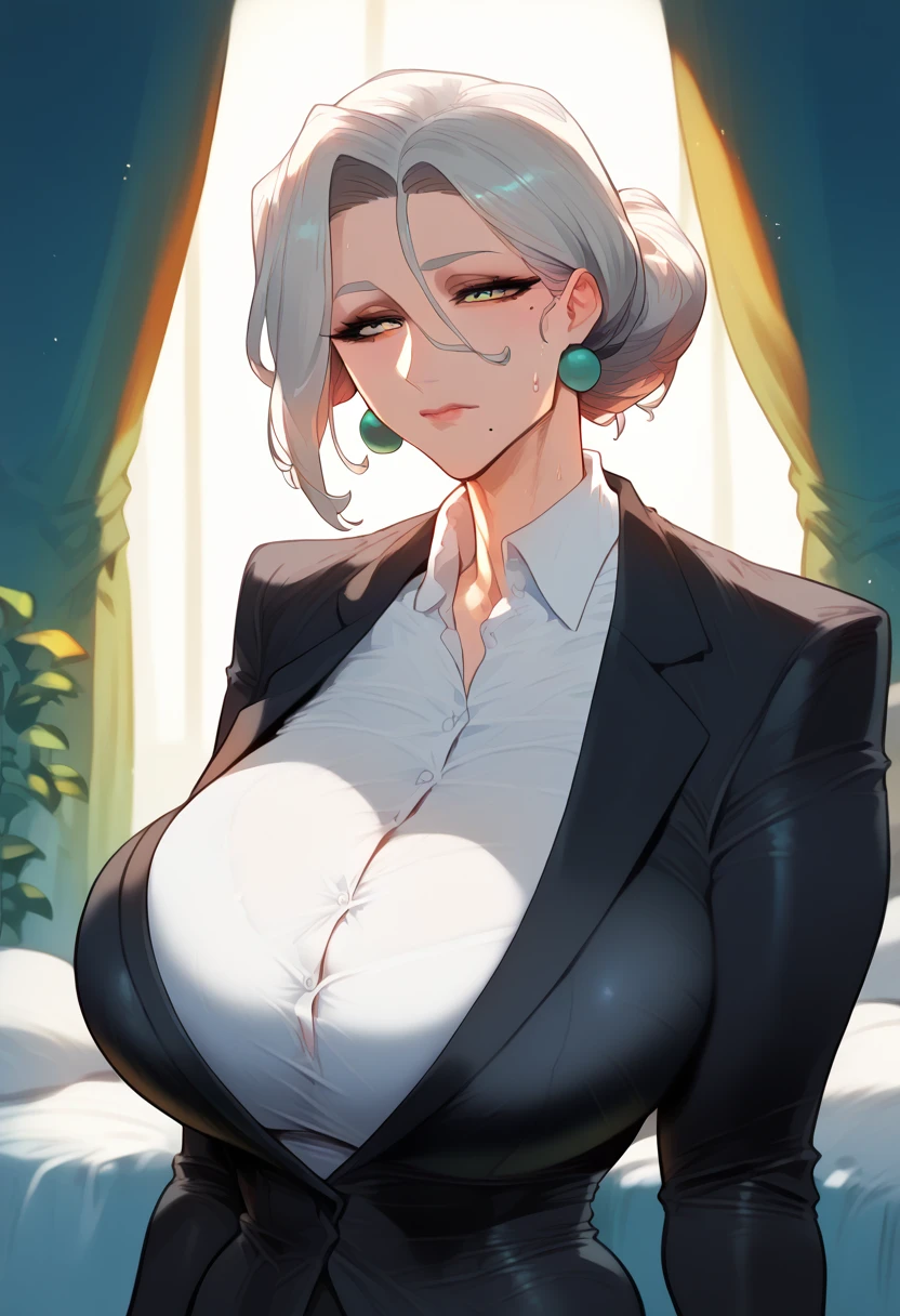 Hyper realistic, mother, milf, mature female, perfect face, perfect lighting, Gray Hair, sexy female, closed mouth, beauty mark, thicc، cleavage, huge , large breasts, sweat, Stand upright、White collared shirt、Black suit