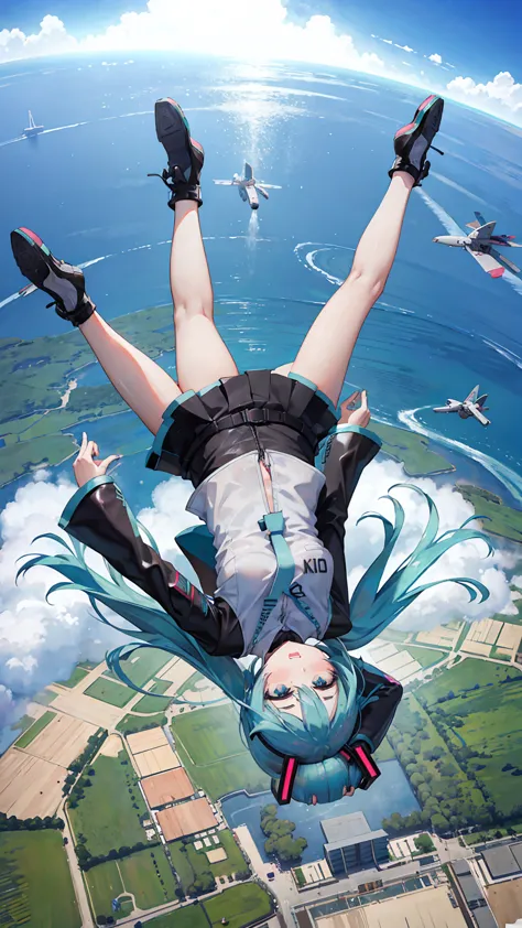 skydiving,hatsune miku carpet bombing while floating in the air