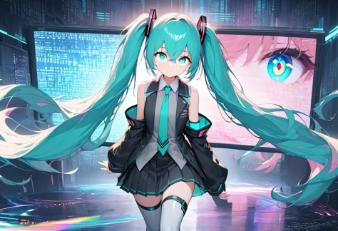 one girl, alone, hatsune miku、looking away、green eyes, crossed bangs, hair between the eyes, hair ornament, headphones, long hai...