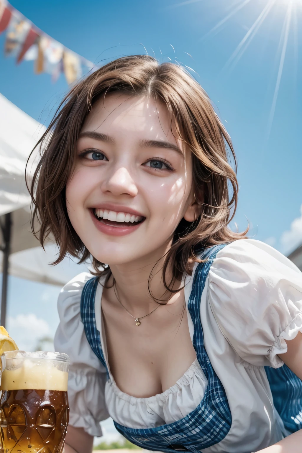 realistic, cinematic, photogenic, Oktoberfest, in an urban area, a very lively crowd around, festive atmosphere, see some tent beyond, under the sunshine, crouching down, shot from directly above, ultra close-up, looking up at me from below, upturned eyes, eating pretzels and sausages, drinking beer, big smile, laughing out loud, wearing dirndl dresses, bright brown hair, pompadour hairstyle, twisted bangs, hair is blowing in the wind, hair is shaggy and dishevelled, a flushed face from drunkenness, a little sweaty, a tipsy expression, beautiful white translucent skin, slendar figure, a little exposed chest, heavy and vivid makeup, detailed rendering, cinematic lighting, vibrant colors, photorealistic, best quality, 8k, hyperdetailed