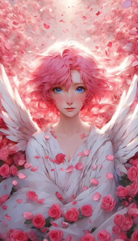 masterpiece、best quality、beautiful anime angel with pink hair and blue eyes surrounded by rose petals