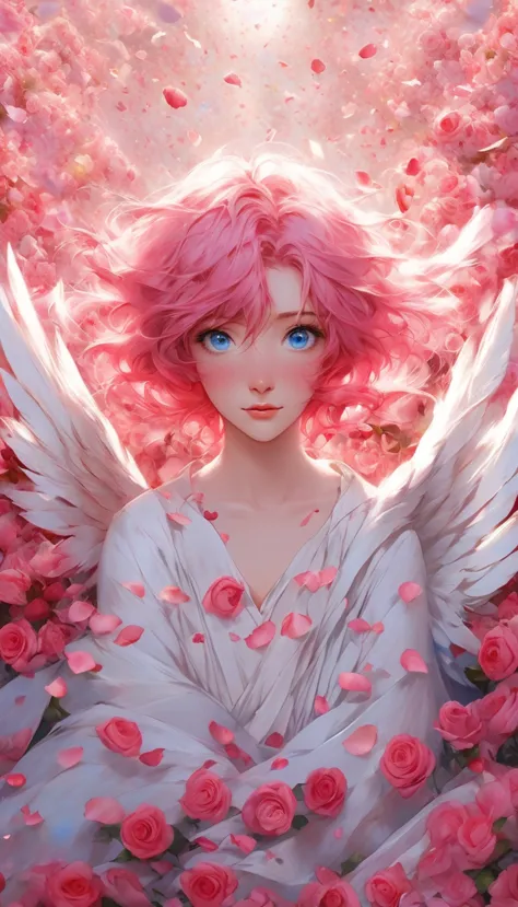 masterpiece、best quality、beautiful anime angel with pink hair and blue eyes surrounded by rose petals