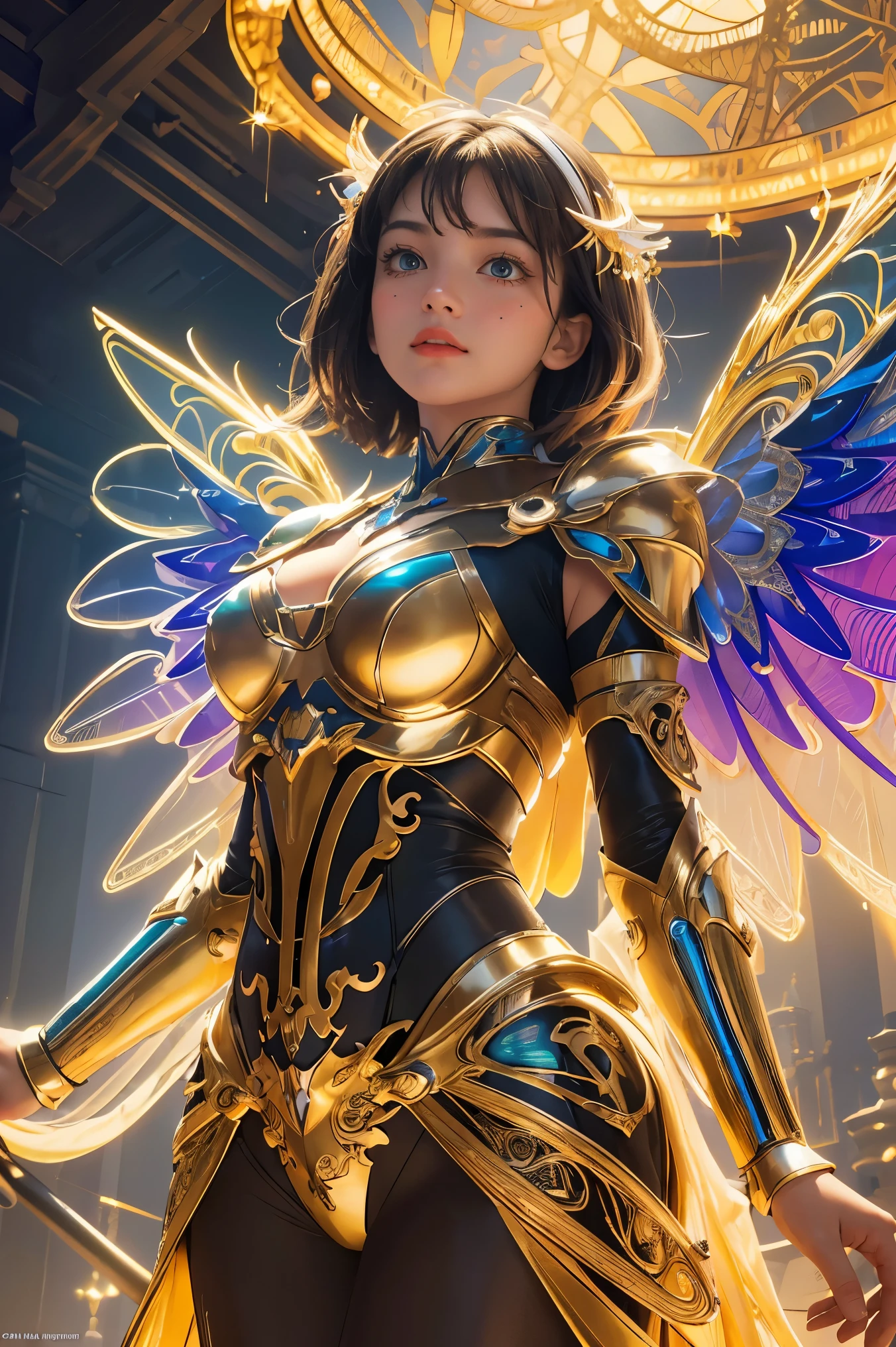 (best quality, masterpiece, colorful, dynamic angle, from below, highest detailed)upper body photo, full body photo, fashion photography of cute mechangel, glowing 4 wings, solo, glowing armor, glowing halo, building, glowing mechanical 4 wings (intricate details, hyperdetailed:1.15), detailed, light passing through hair, (official art, extreme detailed, highest detailed), HDR+