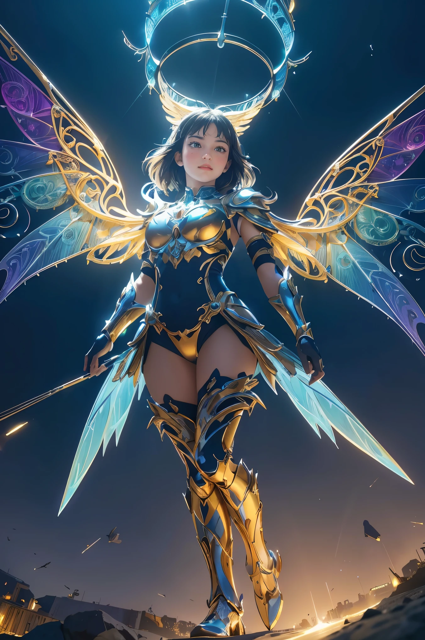 (best quality, masterpiece, colorful, dynamic angle, from below, highest detailed)upper body photo, full body photo, fashion photography of cute mechangel, glowing 4 wings, solo, glowing armor, glowing halo, building, glowing mechanical 4 wings (intricate details, hyperdetailed:1.15), detailed, light passing through hair, (official art, extreme detailed, highest detailed), HDR+