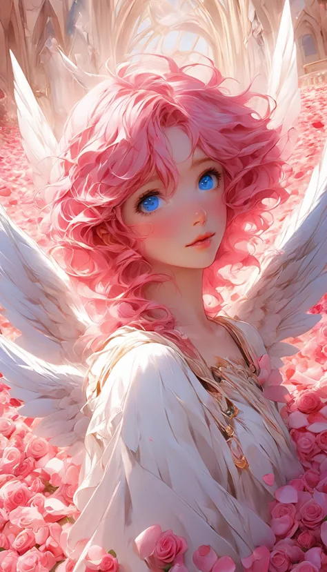 masterpiece、best quality、beautiful anime angel with pink hair and blue eyes surrounded by rose petals