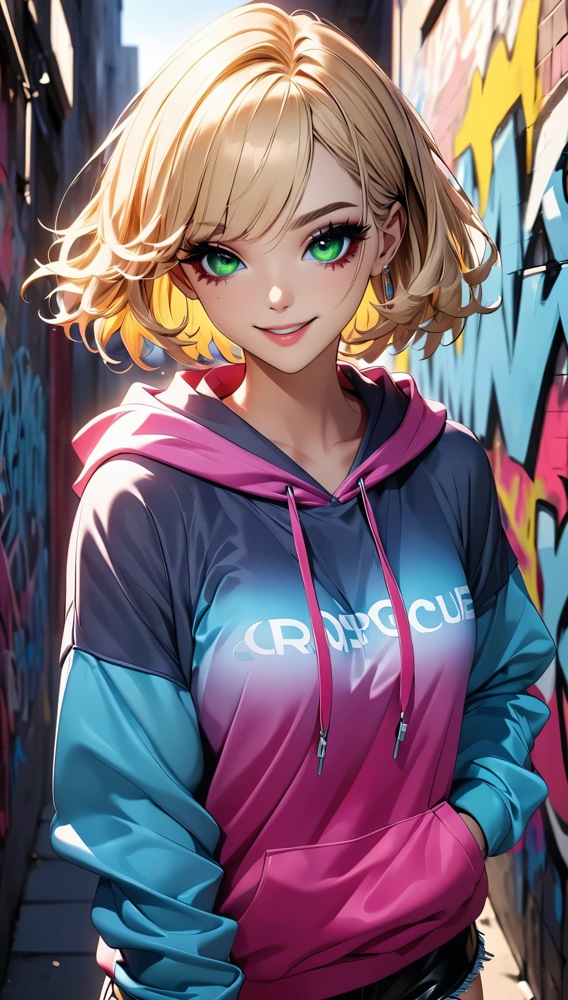 (Best Quality:1.2, Very detailed, Anime Style:1.4, Detailed CG illustration, 超High resolution, High Contrast, masterpiece:1.2, Best aesthetics), (1 girl), Carefully drawn face and eyes, Beautiful woman, Beautiful eyes, Fine eyelashes, Glossy lips, Rouge, Glitter eye makeup, Gal Makeup, (whole body:1.1, Front View), Mischievous smile, Random Pause, Cute action, ((Beautiful girl wearing a colorful hoodie, Hot pants:1.2), Blonde, Short Hair, Purple gradient hair, Green Eyes), Typography wall background, Graffiti wall background, Professionalism, Bright colors, High resolution, The right perspective, (Soft focus throughout).