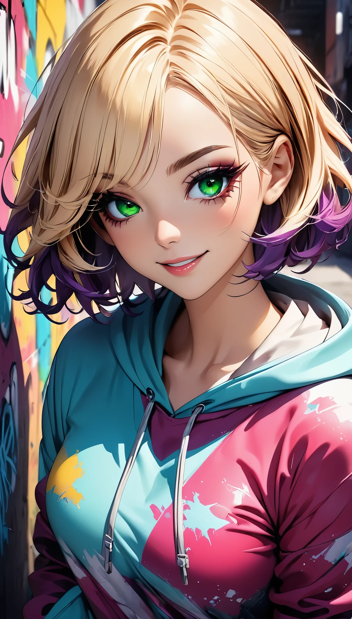 (Best Quality:1.2, Very detailed, Anime Style:1.4, Detailed CG illustration, 超High resolution, High Contrast, masterpiece:1.2, Best aesthetics), (1 girl), Carefully drawn face and eyes, Beautiful woman, Beautiful eyes, Fine eyelashes, Glossy lips, Rouge, Glitter eye makeup, Gal Makeup, (whole body:1.1, Front View), Mischievous smile, Random Pause, Cute action, ((Beautiful girl wearing a colorful hoodie, Cargo pants:1.2), Blonde, Short Hair, Purple gradient hair, Green Eyes), Typography wall background, Graffiti wall background, Professionalism, Bright colors, High resolution, The right perspective, (Soft focus throughout).