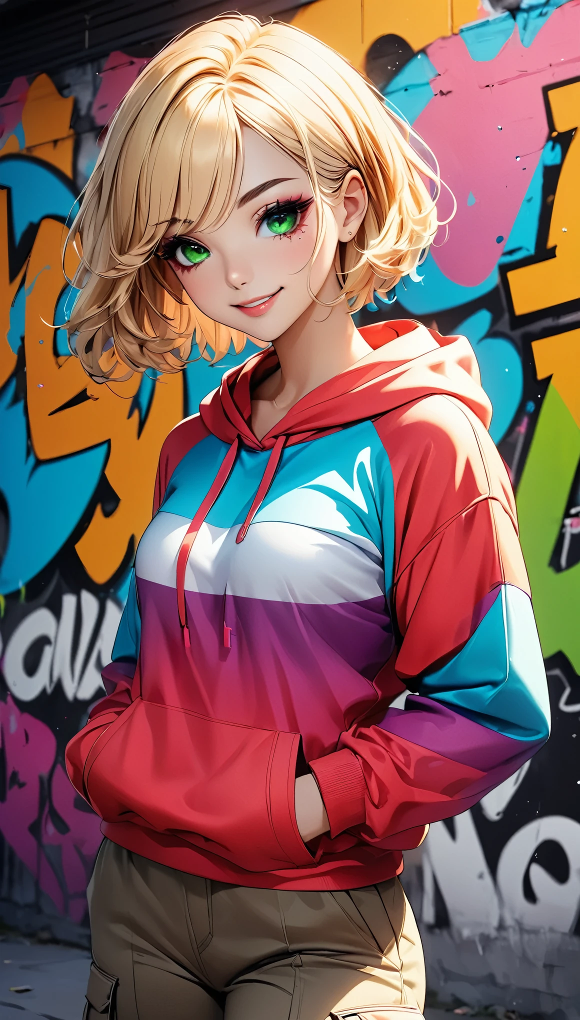 (Best Quality:1.2, Very detailed, Anime Style:1.4, Detailed CG illustration, 超High resolution, High Contrast, masterpiece:1.2, Best aesthetics), (1 girl), Carefully drawn face and eyes, Beautiful woman, Beautiful eyes, Fine eyelashes, Glossy lips, Rouge, Glitter eye makeup, Gal Makeup, (whole body:1.1, Front View), Mischievous smile, Random Pause, Cute action, ((Beautiful girl wearing a colorful hoodie, Cargo pants:1.2), Blonde, Short Hair, Purple gradient hair, Green Eyes), Typography wall background, Graffiti wall background, Professionalism, Bright colors, High resolution, The right perspective, (Soft focus throughout).