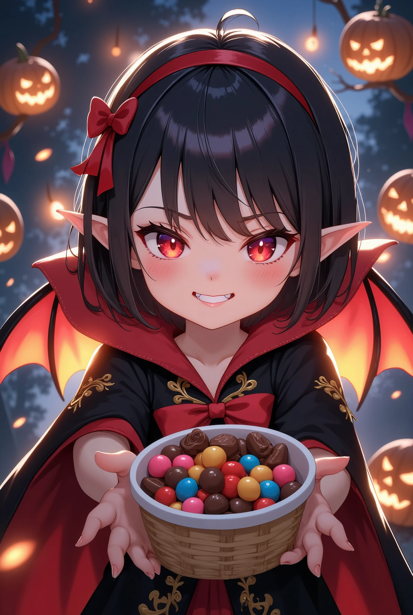 vicomte, chibi,age of 8, cute, vampire girl,vampire wings, red eyes,open mouth, sharp vampire fangs,black short hair, long elven ears,cute red ribbon headband, big evil smile, big eyes,,vampire robe with beautiful gold embroidery, create a stir at the viewer, cute basket with colorful candies and chocolates inside,dark night, Halloween night,jack-o-lanterns, gothic mood