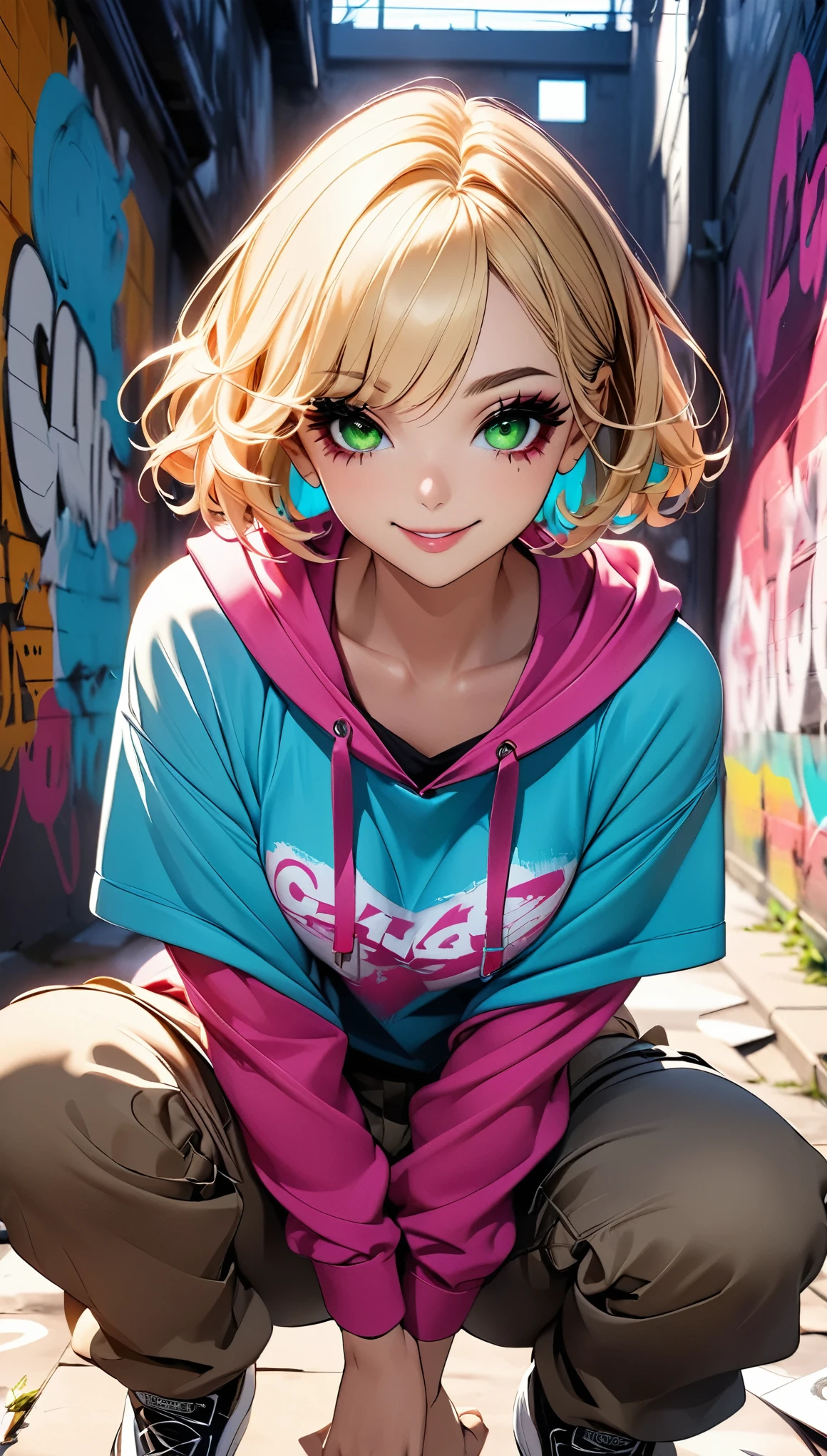 (Best Quality:1.2, Very detailed, Anime Style:1.4, Detailed CG illustration, 超High resolution, High Contrast, masterpiece:1.2, Best aesthetics), (1 girl), Carefully drawn face and eyes, Beautiful woman, Beautiful eyes, Fine eyelashes, Glossy lips, Rouge, Glitter eye makeup, Gal Makeup, (whole body:1.1, Front View), Mischievous smile, Random Pause, Crouch down, ((Beautiful girl wearing a colorful hoodie, Cargo pants:1.2), Blonde, Short Hair, Purple gradient hair, Green Eyes), Typography wall background, Graffiti wall background, Professionalism, Bright colors, High resolution, The right perspective, (Soft focus throughout).