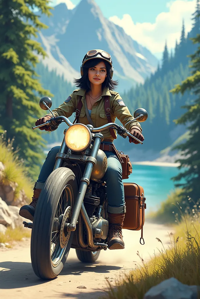 OR LEATHERと書かれている道際に立っている大きなtree製の標識　Young woman with short black hair, Beautiful and attractive face, Vintage half helmet and goggles、Wearing a military jacket, Damaged shoes and gloves, A sturdy bicycle with block tires is speeding down a winding forest road..., The rear wheel kicks up dust. The back of the bike is packed with travel luggage..., 緑豊かなtree々A desolate, dusty forest road, tree々Stand Towel、 Far away, The quiet lake sparkles、Surrounding mountains々々Showing vibrant colors、;Keep your eyes on the horizon, With a free and wild spirit, She encounters the unknown, Wind blowing through my hair、The roar of the engine echoes through the forest...