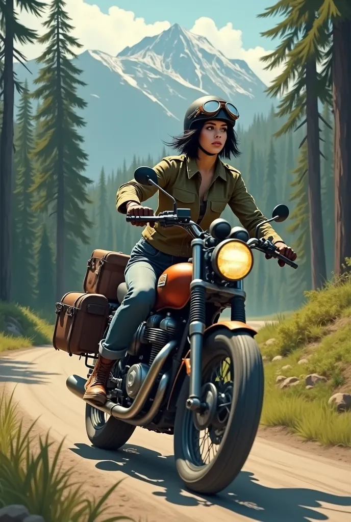 (OR LEATHER)A wooden sign on the side of the road with the words　Young woman with short black hair, Beautiful and attractive face, Vintage half helmet and goggles、Wearing a military jacket, Damaged shoes and gloves, A sturdy bike with block tires is speeding down a winding forest road.., The rear wheel kicks up dust. The back of the bike is packed with travel luggage.., Lush tree々A desolate forest road covered in dust, tree々Stand Tall、 Far away, Quiet lake sparkles、Surrounding mountains々Reflects the vibrant colors of、;Eyes fixed on the horizon, With a free and wild spirit, She encounters the unknown, The wind blowing through my hair、The roar of the engine echoes through the forest..